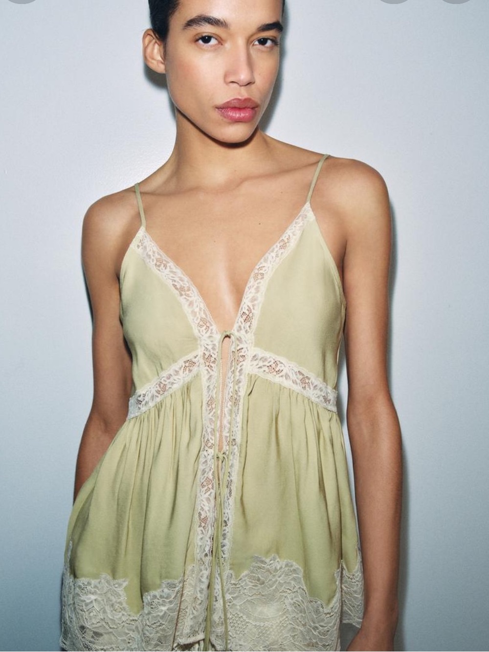 Zara Pale Sage Green Lace Trim Slip Dress